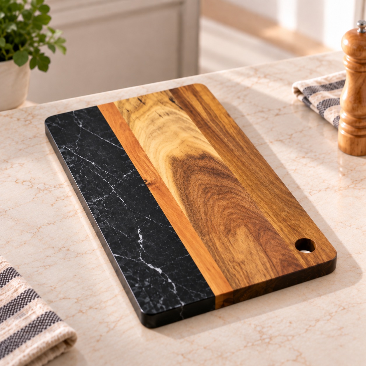 Tabla de corte y presentaci&oacute;n en madera de acacia y m&aacute;rmol negro